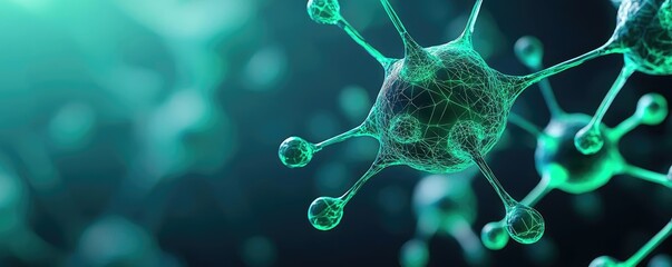 Microscopic view of green cells, dark background with glowing highlights