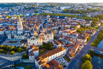 Scenic aerial view of French commune of Perigueux at first rays of morning sun