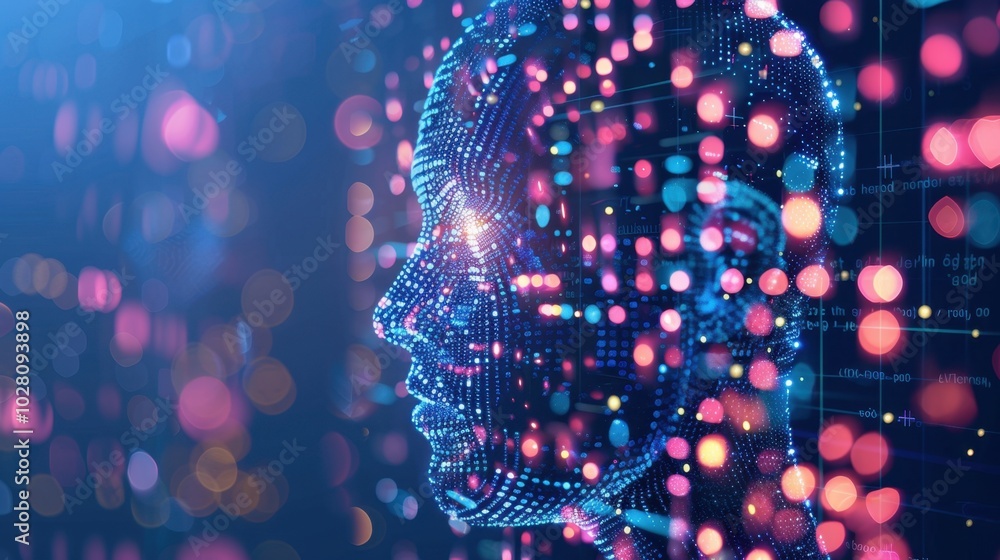 Poster futuristic digital face with colorful data visualization