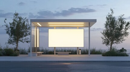 Obraz premium A modern bus stop with a blank billboard, located by a beach with two trees on either side.