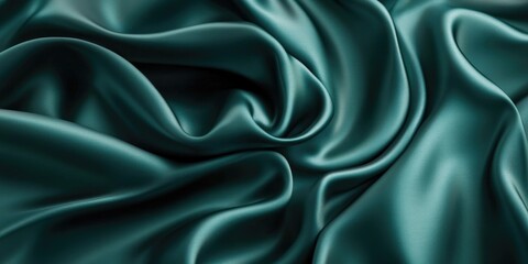 Fototapeta premium Dark teal green silk satin fabric with soft folds, luxurious background ideal for web banner design