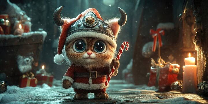 Beige big-eyed cat dressed as Santa Claus wearing a horned Viking helmet while holding a Christmas candy cane, whimsical holiday decor