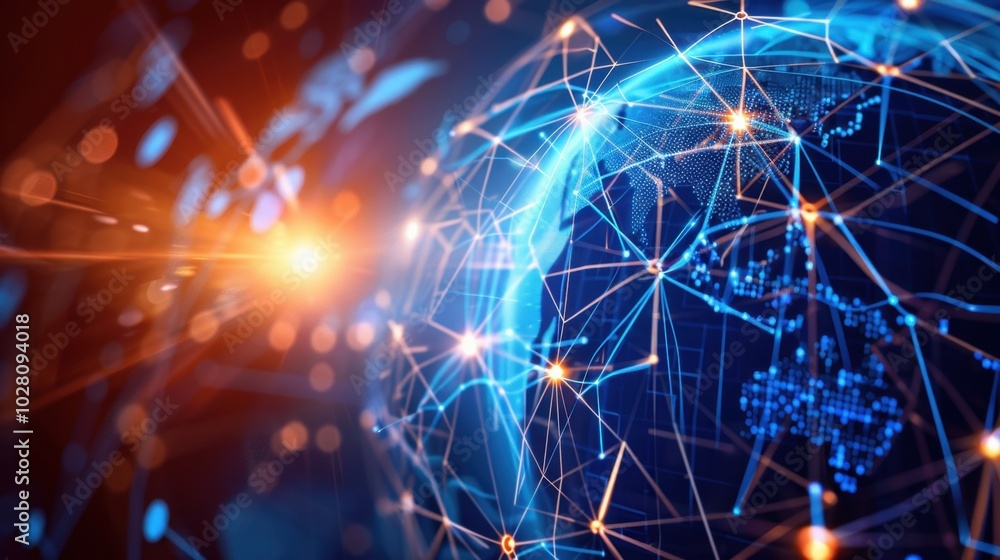 Poster global network connectivity with glowing lines and lights