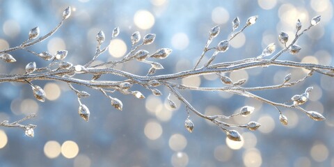 Fototapeta premium Silver glitter branch banner adorned with sparkling garland, perfect for festive winter decor