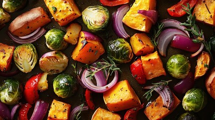 Vibrant roasted vegetables: healthy seasonal vegetables with sweet potatoes, brussels sprouts, red onions, and peppers