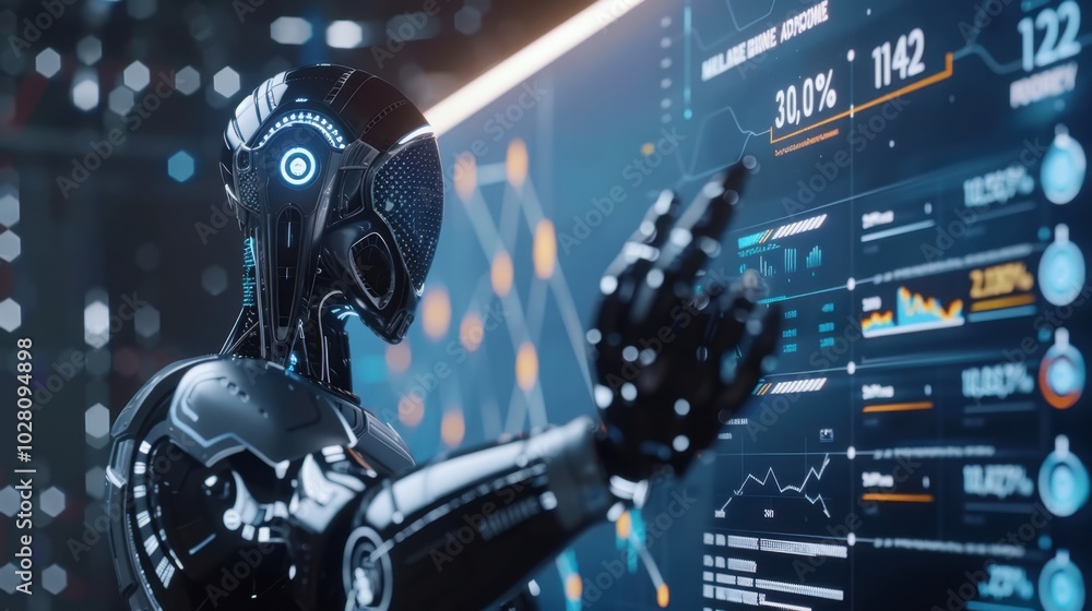 Poster futuristic robot interacting with data visualizations