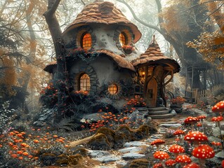 Fototapeta premium Enchanted Stone Cottage in a Misty Forest - Fantasy Home