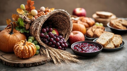 Cornucopia filled with seasonal fruits, baked goods, and autumn leaves on a rustic table.