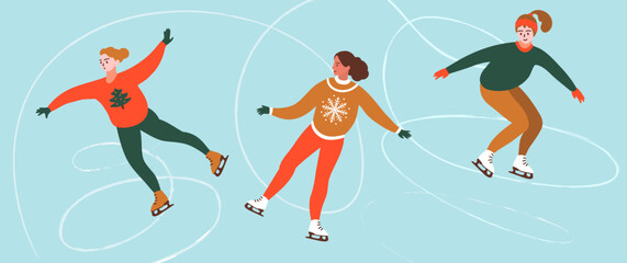 Figure skaters on ice rink. Winter traditional outdoor activity. Colorful vector illustration in trendy style