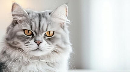Fluffy gray cat with striking yellow eyes, softly illuminated background.