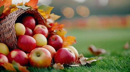 Basket overflowing with fresh apples and autumn leaves on green grass.