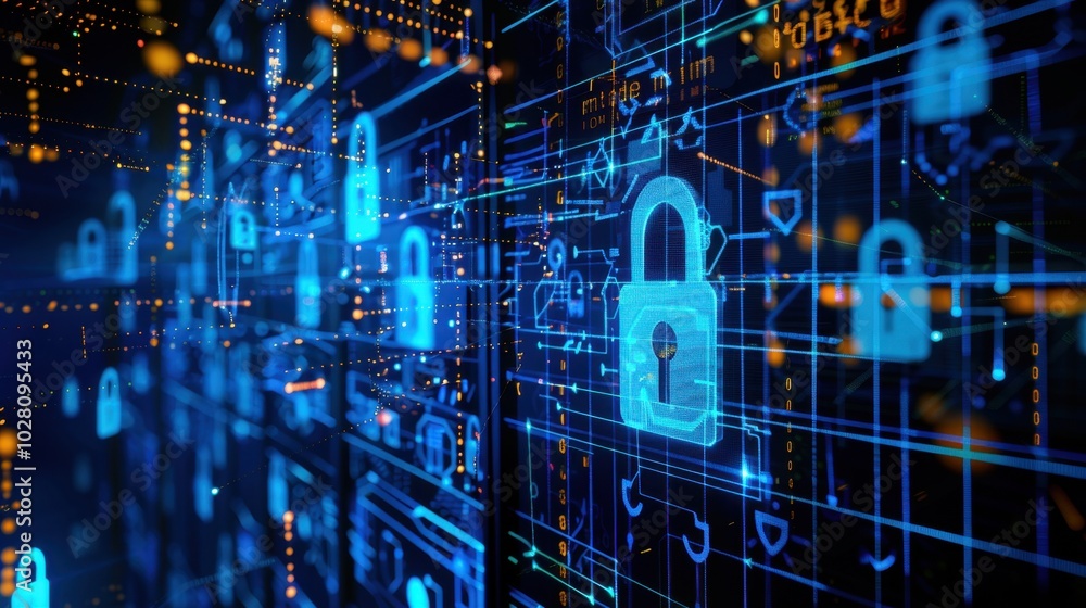 Poster digital security concept with lock symbols and data flow
