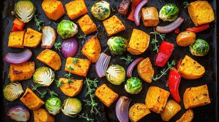 Colorful roasted vegetables on a baking sheet with herbs: a vibrant display of healthy eating
