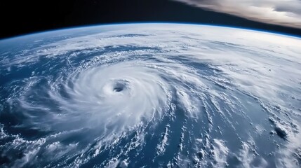 A massive hurricane seen from Earth's orbit, swirling with immense power and intensity. The storm's eye is clearly visible, surrounded by clouds and swirling winds, as it moves across the ocean. 