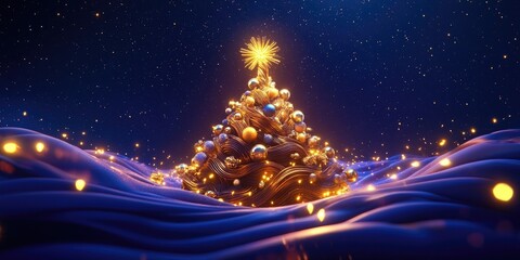 Festive Christmas tree adorned with golden ornaments and sparkling feathers, capturing the joyful spirit of the holiday season