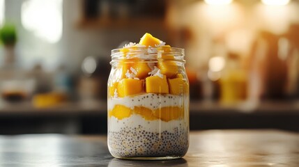 Delicious mango chia pudding in a jar with coconut shavings on a rustic kitchen counter