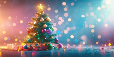 Small artificial Christmas tree adorned with colorful ornaments and twinkling lights, perfect for festive home decoration