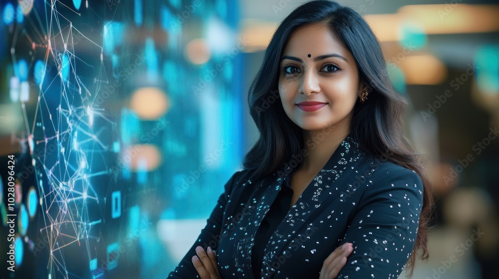 Aufkleber indian businesswoman in blockchain technology, showing a leader working with blockchain applications
