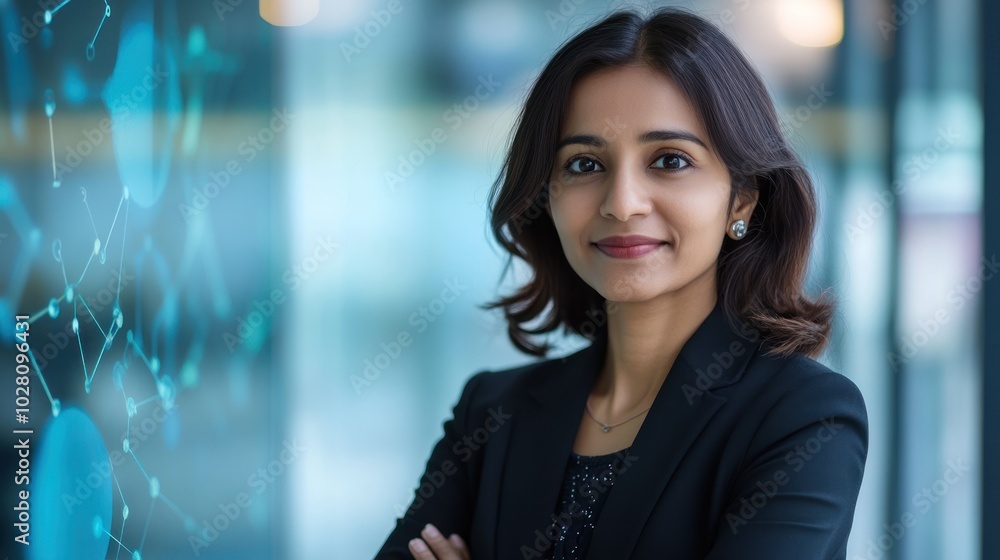 Poster indian businesswoman in blockchain technology, showing a leader working with blockchain applications