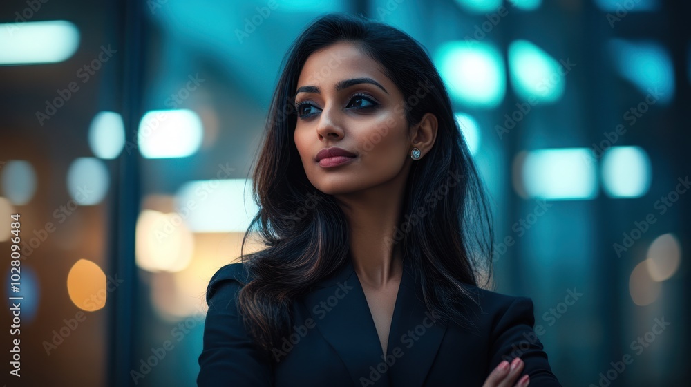 Poster indian businesswoman in blockchain technology, showing a leader working with blockchain applications