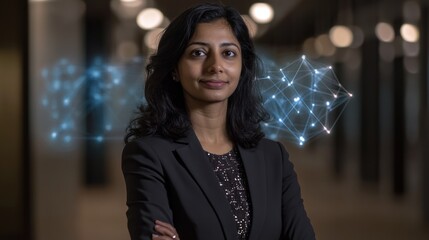 Indian businesswoman in blockchain technology, showing a leader working with blockchain applications, secure digital transactions, 