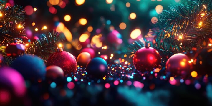 Festive Christmas background adorned with sparkling lights and ornaments, perfect for holiday celebrations, theme parties, seasonal greetings