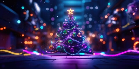 Festive Christmas tree adorned with colorful baubles, sparkling tinsel, and glowing garlands, perfect for holiday celebrations