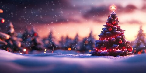 Obraz premium Christmas background featuring a decorated tree with red ornaments on a snowy white surface, perfect for creating cheerful holiday greeting cards