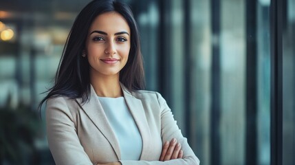 Indian woman in business, showing a professional in a modern office, engaged in leadership activities, symbolizing the rise of Indian women in the business world.