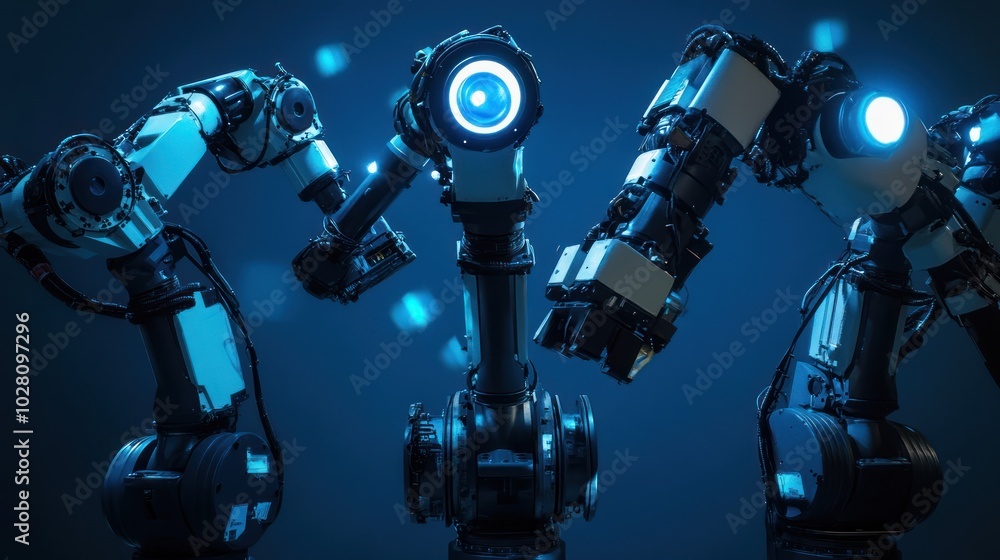 Poster industrial robot arms with vision systems, depicting robotic arms equipped with advanced vision sens