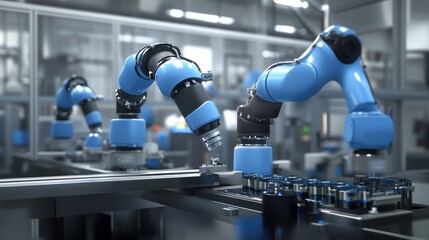 Industrial robot arms with vision systems, depicting robotic arms equipped with advanced vision sensors and cameras for enhanced accuracy in assembly, quality control, and picking tasks.