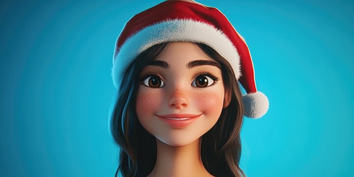 Cute teenage girl wearing a festive red Santa cap, smiling and posing cheerfully against a bright blue background.