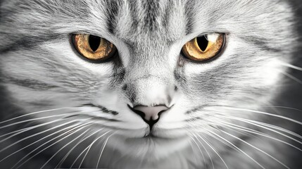 Close-up of a gray cat's face with striking golden eyes on a white background.