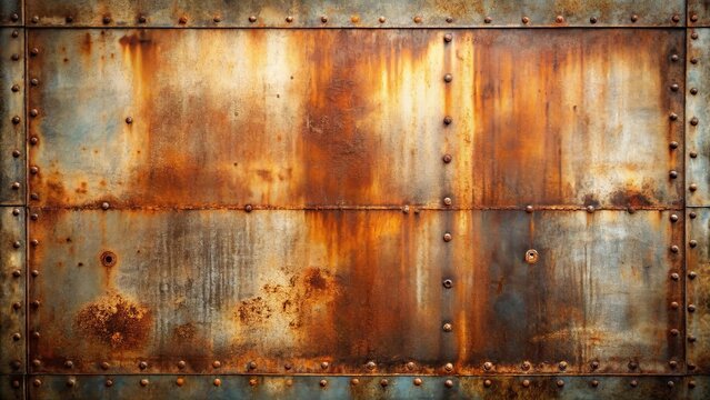 A weathered metallic surface, composed of three panels joined by rivets, exhibits the effects of time and elements, with rust spreading across its worn texture.
