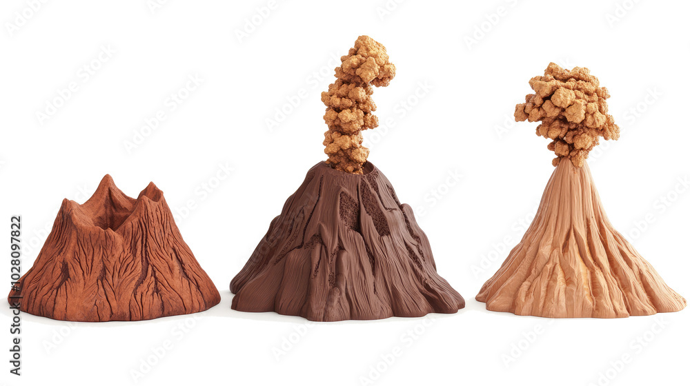 Poster three volcano models displaying different eruption styles generative ai
