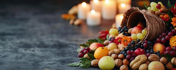 Harvest cornucopia filled with colorful fruits and nuts, candles in the background.