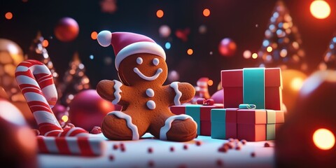 Homemade gingerbread cookies, colorful gift boxes, and festive candy canes arranged on a white table, celebrating Christmas and New Year traditions