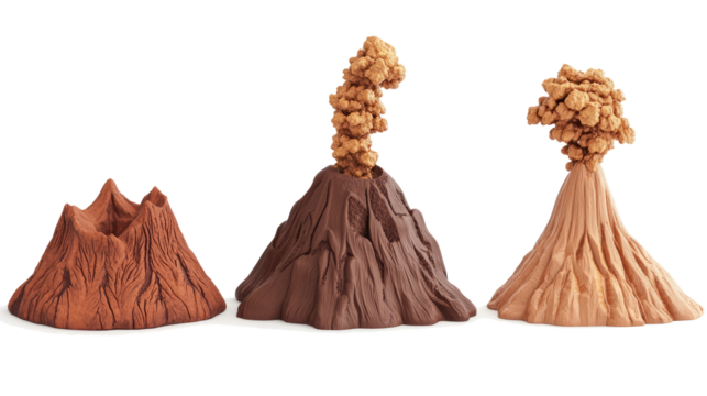 Three Volcano Models Displaying Different Eruption Styles Generative AI