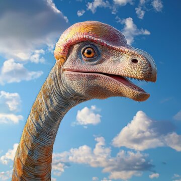 Corythosaurus calling out with its crest isolated on a light blue sky background.