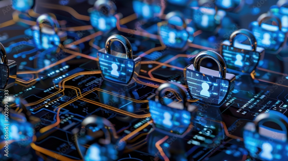 Poster cybersecurity network with digital locks and data graphics