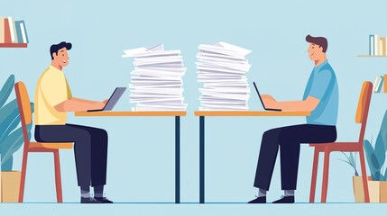 Two individuals of the same age, one sitting at a desk working with a tall stack of papers, while the other places an identical stack of documents beside him with a smile. 