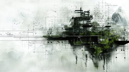 Abstract Futuristic Landscape with Nature and Technology