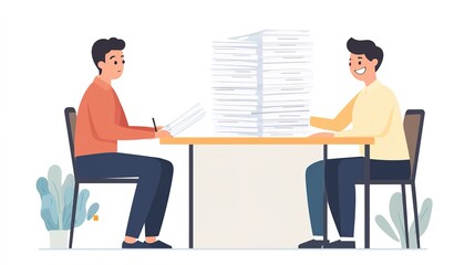 Two individuals of the same age, one sitting at a desk working with a tall stack of papers, while the other places an identical stack of documents beside him with a smile. 