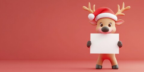 Adorable reindeer toy dressed in a festive Santa hat, holding a blank writable card, perfect for holiday greetings and personalized messages