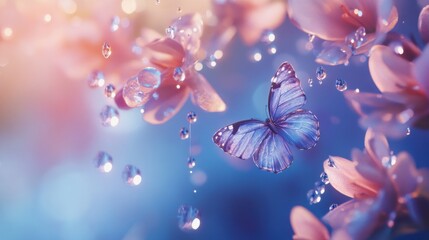Butterfly and Flowers in Rain