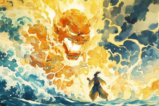 Watercolor Depiction of a Japanese Demon Controlling Lightning Amidst a Storm &ndash; Merging the Wildness of Nature with Divine Power in a Stunning Artistic Representation