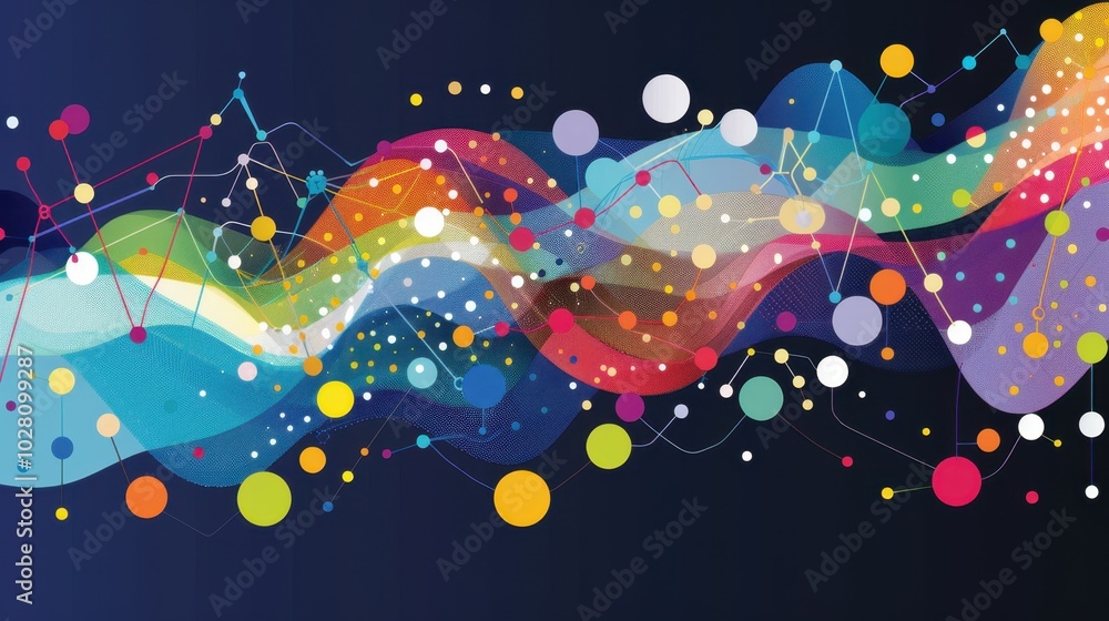 Poster vibrant abstract waves with colorful dots and lines