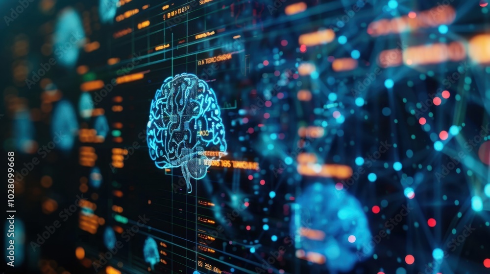 Poster abstract digital brain with data visualization elements