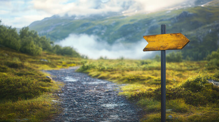 Bright yellow signpost on a rugged mountain trail, pointing towards a misty landscape with lush greenery and distant hills.