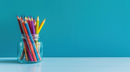 Fototapeta premium Colorful Pencils in a Glass Jar Against a Blue Wall